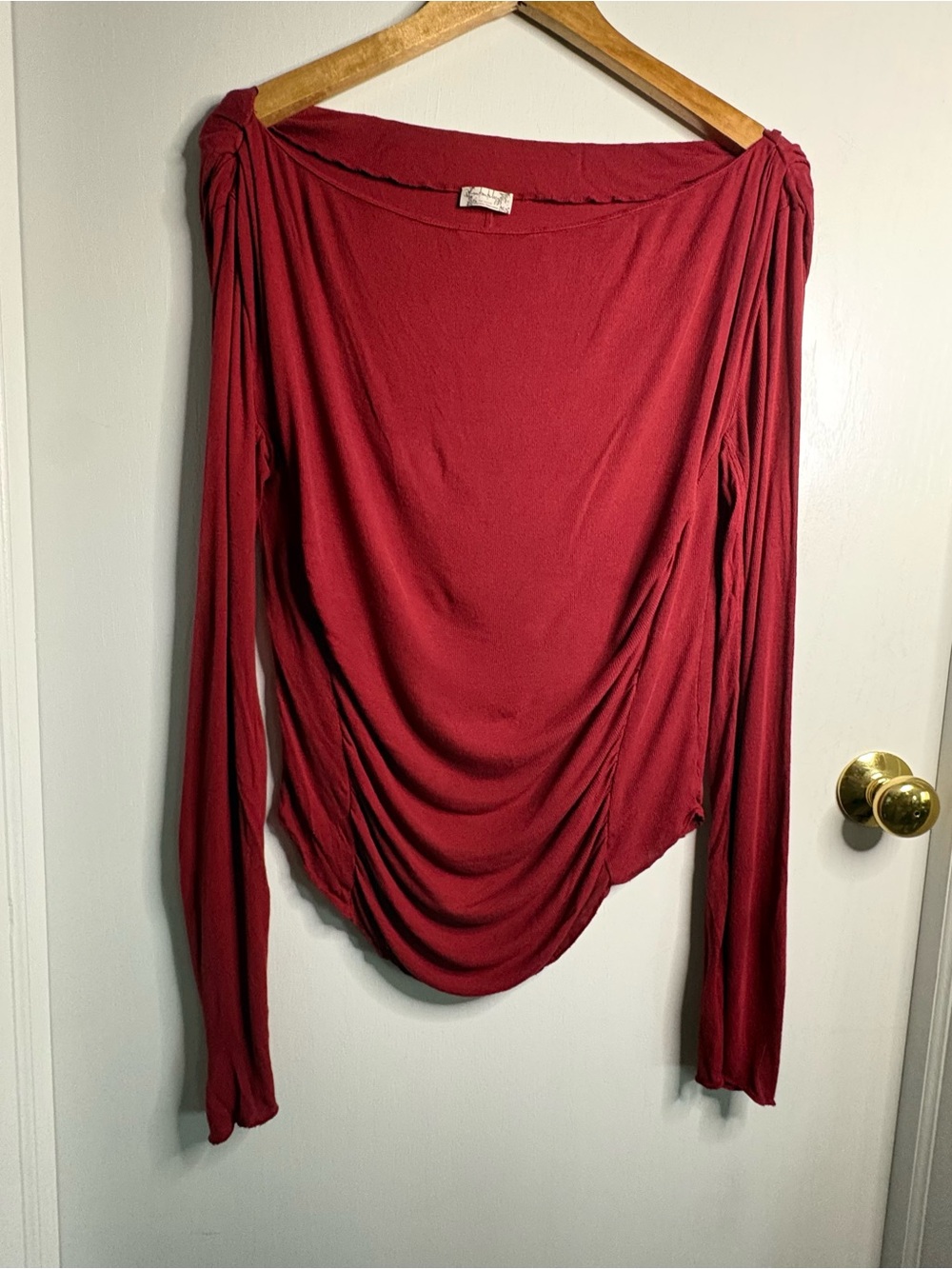 Intimately Free People Sz L Jane Draped Ribbed Rushed Long-Sleeve Top Burgundy